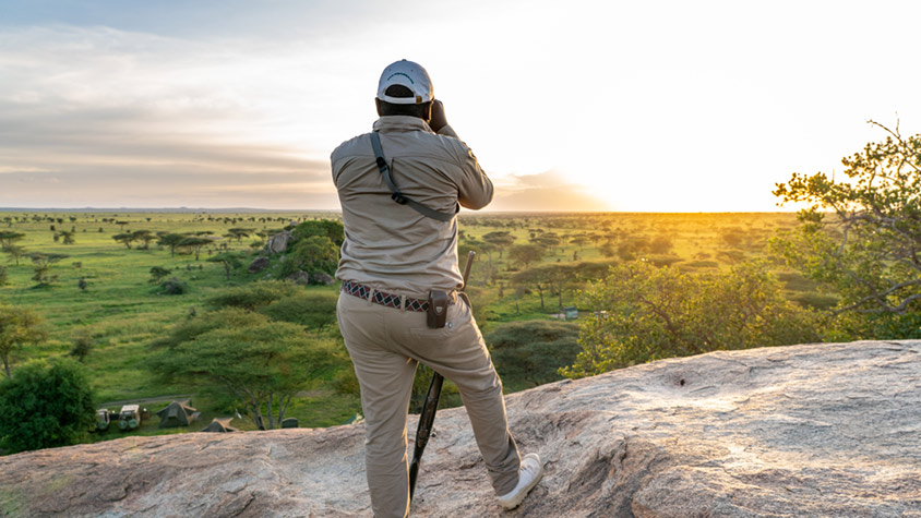 viewing the African plains from a high vantage point with the sun setting